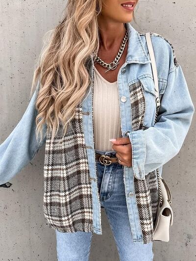 Plaid Button Up Dropped Shoulder Jacket - Charming Charlie