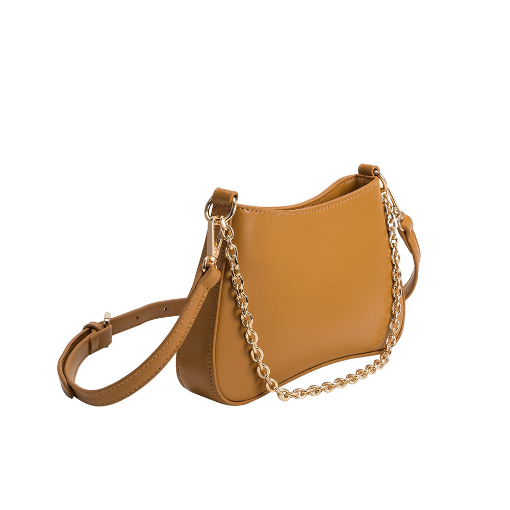 Melie Bianco Luxury Vegan Leather Alaia Crossbody Bag in Camel with gold chain