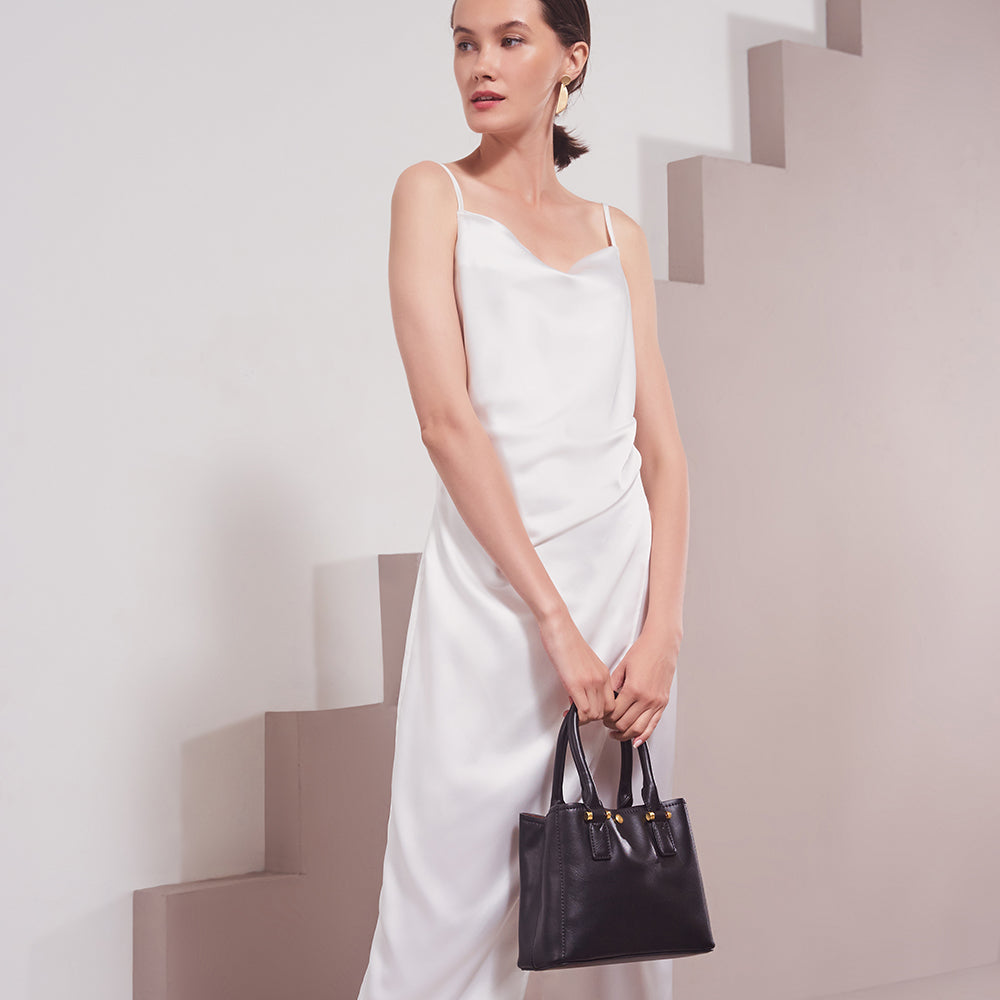 Model Wearing Melie Bianco Luxury Vegan Leather Gabby Shoulder Bag in Black