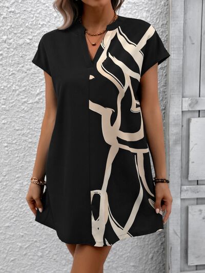 Printed Notched Short Sleeve Dress - Charming Charlie