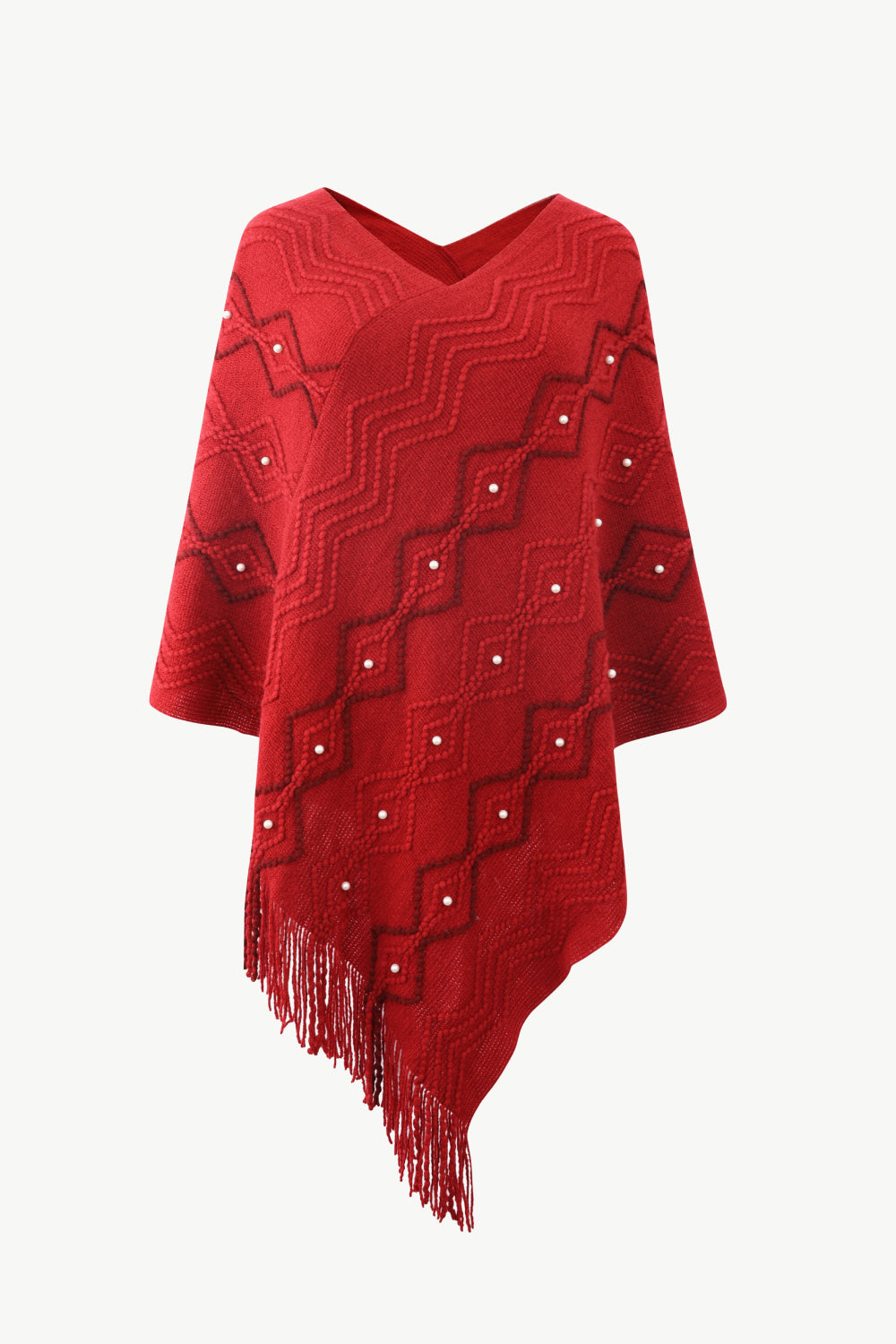 Pearl Trim V-Neck Fringe Hem Poncho - Charming Charlie