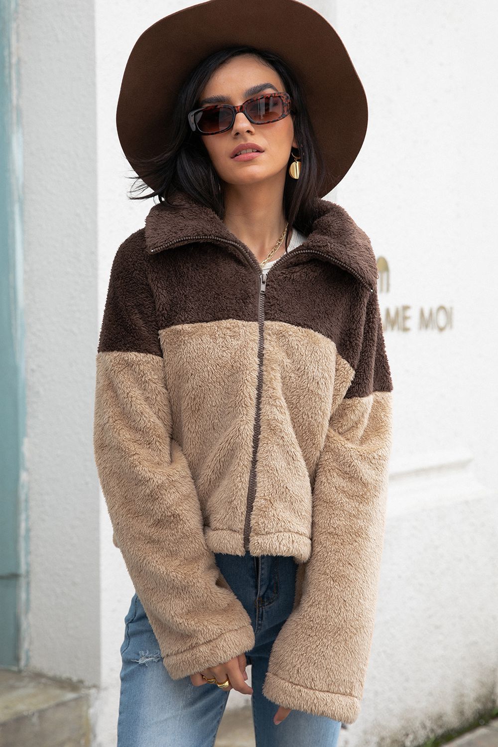 Two-Tone Collared Neck Fuzzy Jacket – Charming Charlie