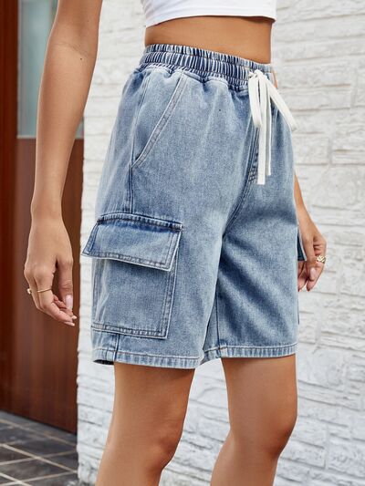 Drawstring Denim Shorts with Pockets - Charming Charlie
