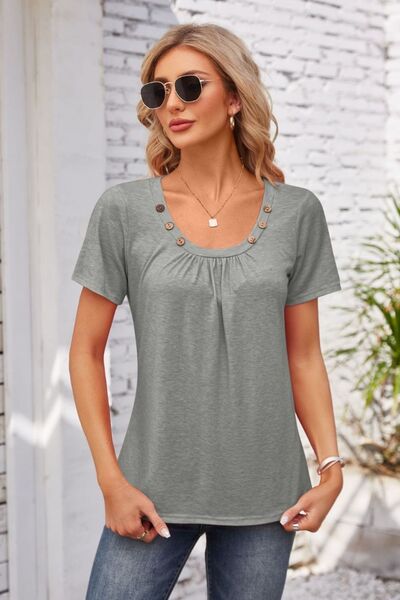 Decorative Button Scoop Neck T-Shirt - Charming Charlie