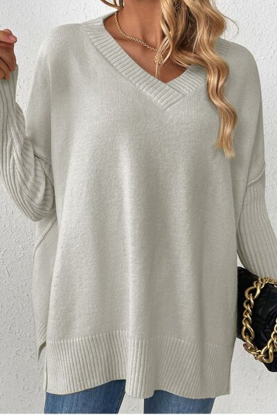 Slit V-Neck Dropped Shoulder Sweater - Charming Charlie