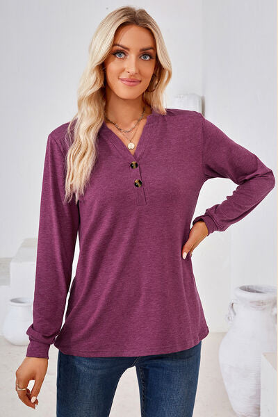Notched Button Detail Long Sleeve T-Shirt - Charming Charlie