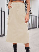 Slit Buttoned Denim Skirt with Pockets - Charming Charlie