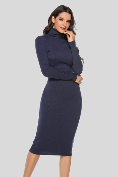 Ribbed Turtleneck Long Sleeve Dress Dark Navy / L Ribbed Turtleneck Long Sleeve Dress Dark Navy / L