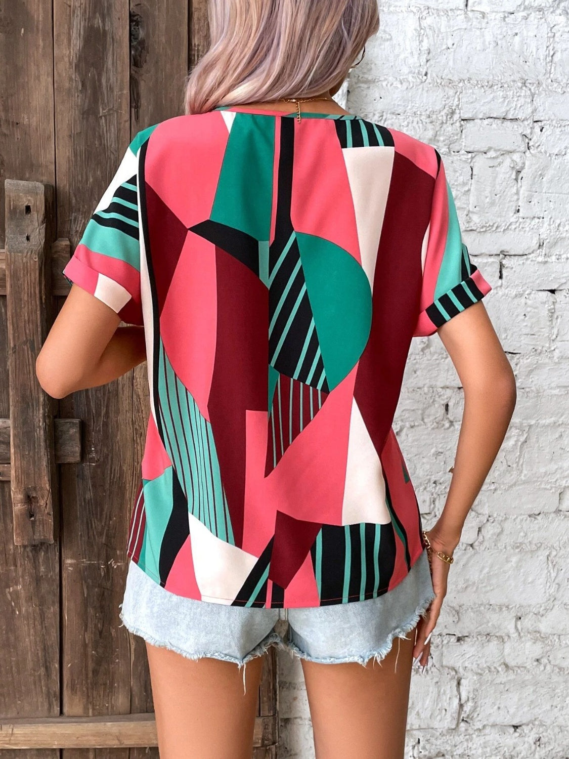 Printed V-Neck Short Sleeve Blouse - Charming Charlie