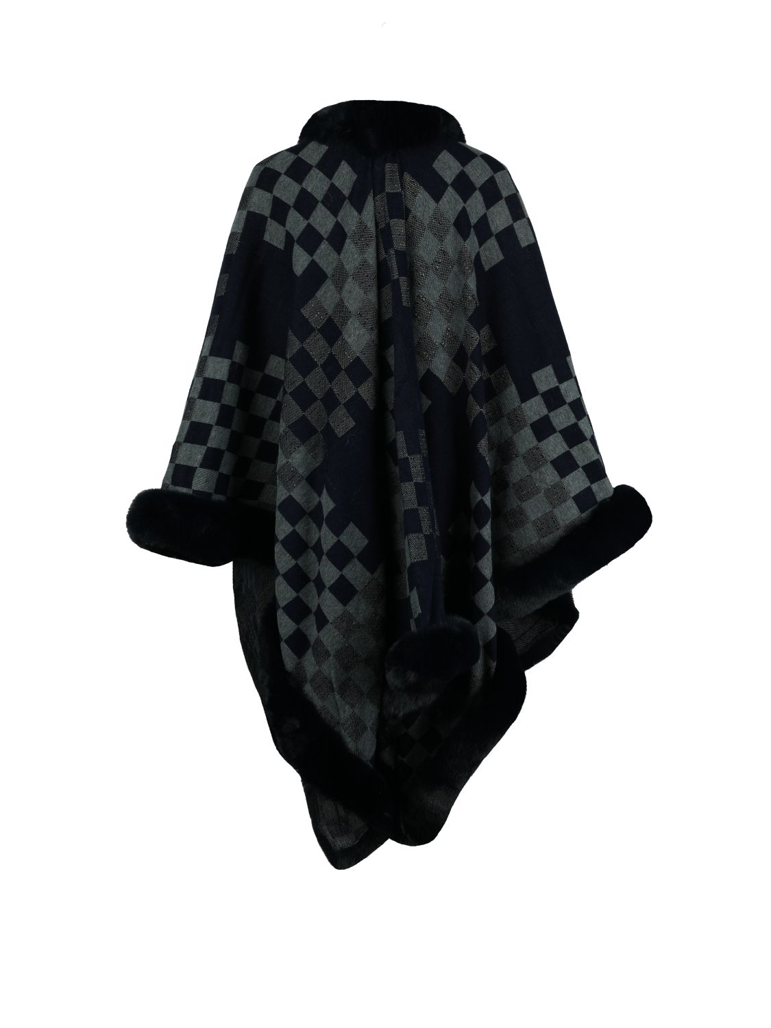Checkered Faux Fur Trim Poncho – Charming Charlie