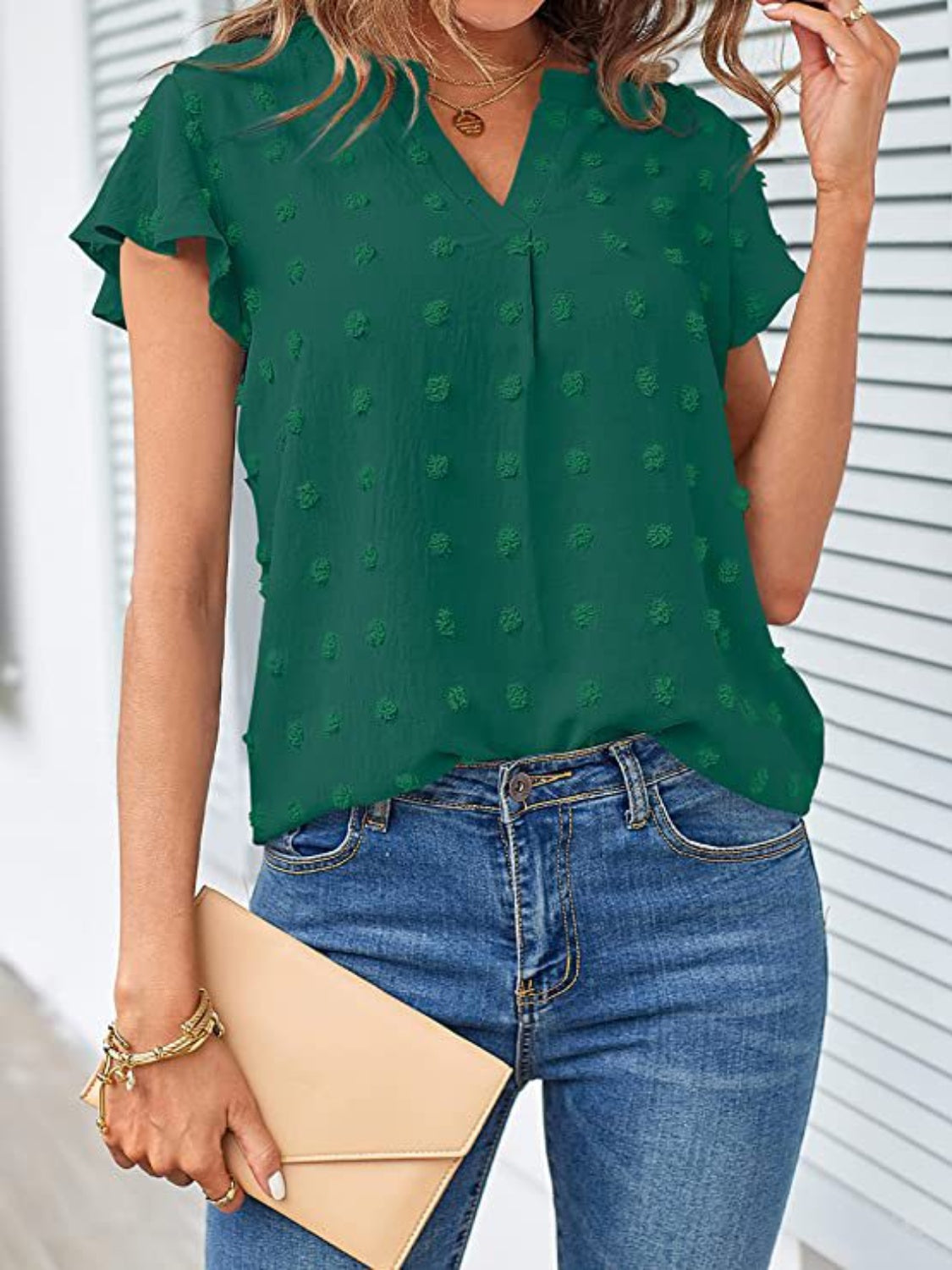 Swiss Dot Notched Cap Sleeve Blouse - Charming Charlie