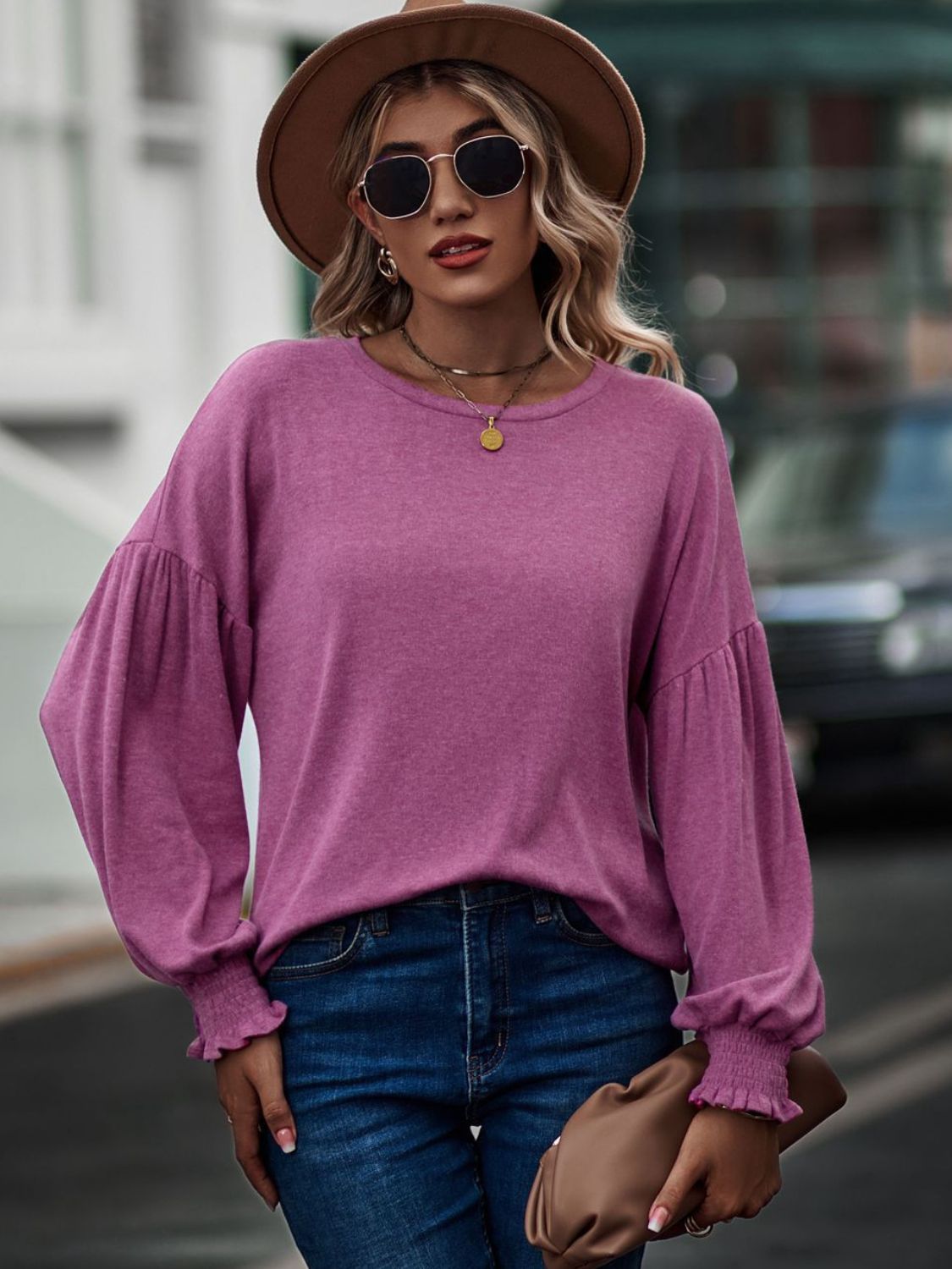 Trendsi Embroidered Round Neck Flounce Sleeve Blouse