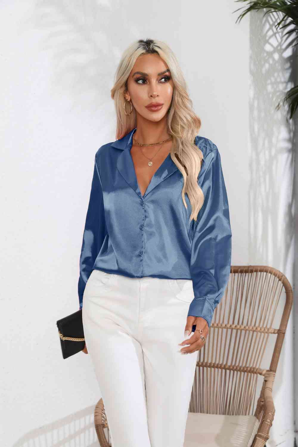 Lapel Collar Button Up Long Sleeve Shirt - Charming Charlie