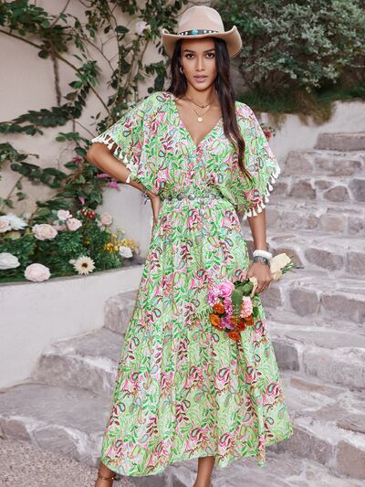 Smocked Floral V-Neck Short Sleeve Dress Gum Leaf / M