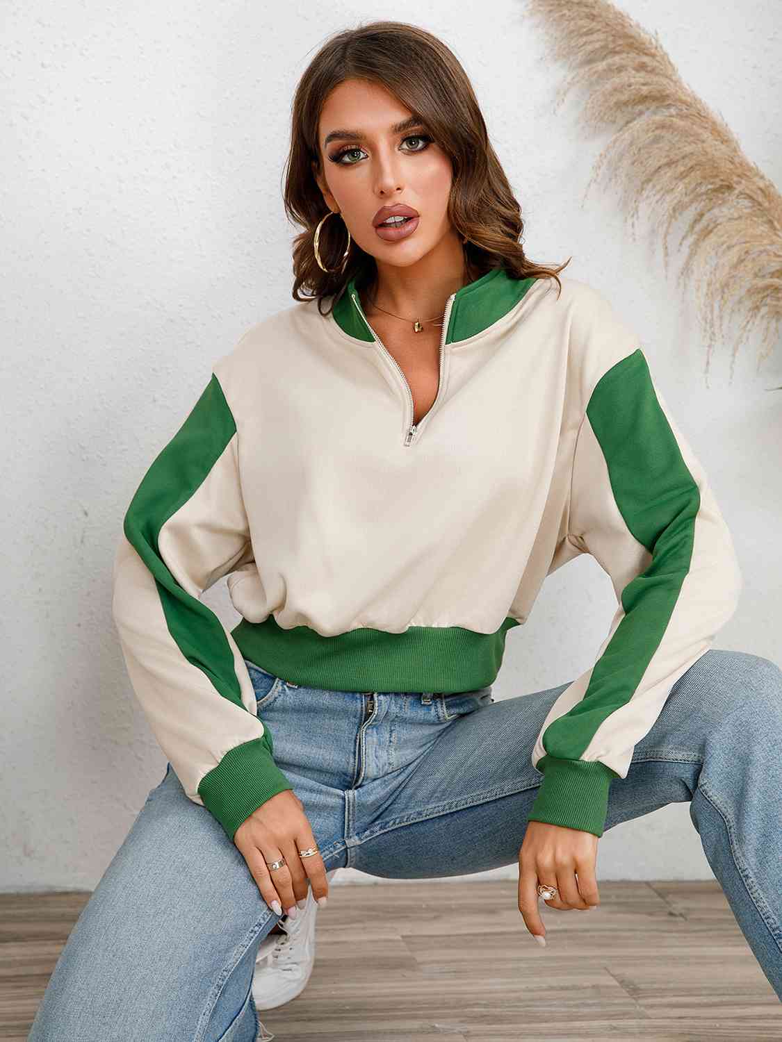 Contrast Half Zip Drop Shoulder Sweatshirt – Charming Charlie