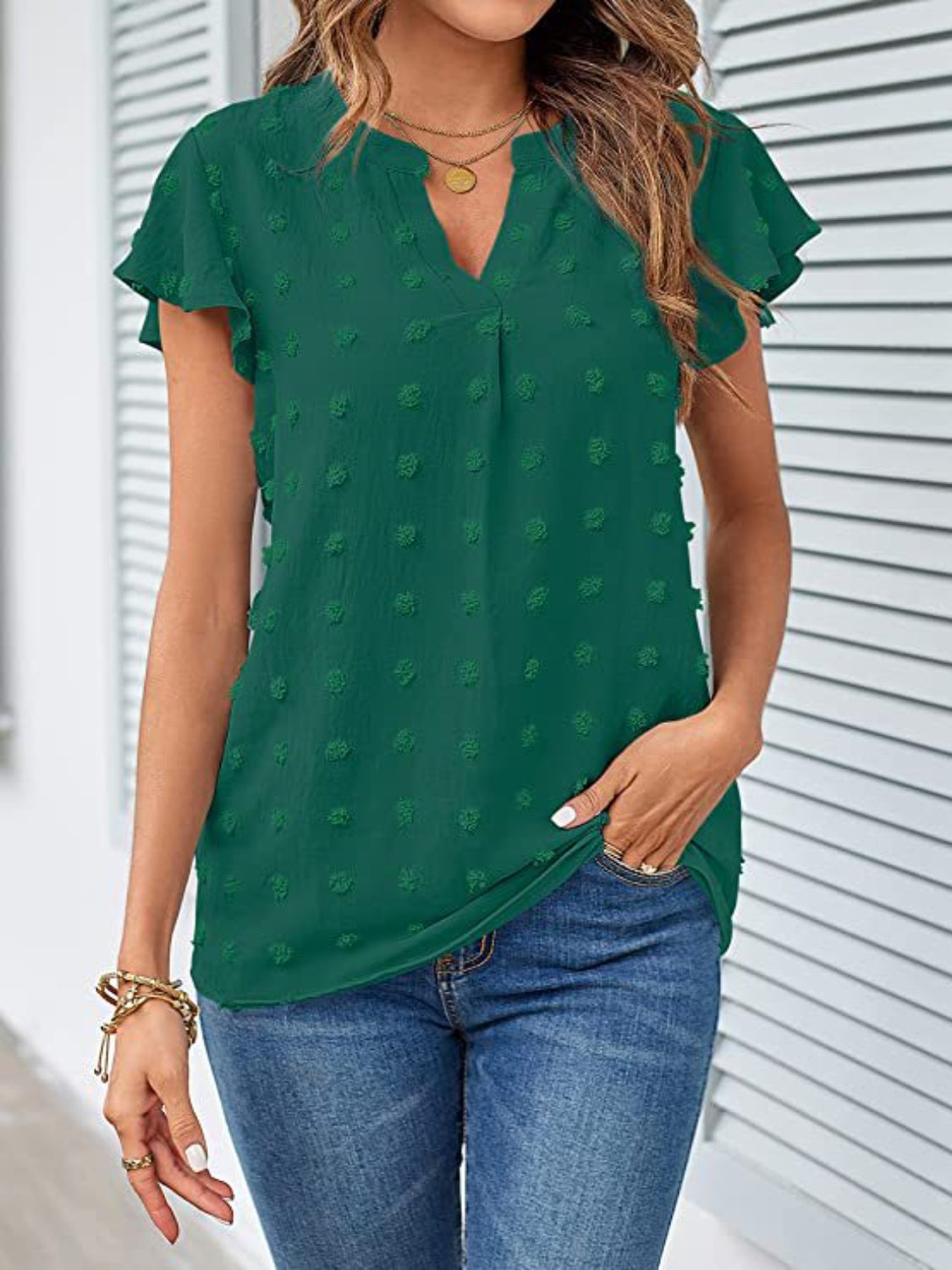 Swiss Dot Notched Cap Sleeve Blouse - Charming Charlie