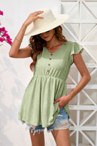 Decorative Button V-Neck Cap Sleeve Blouse - Charming Charlie