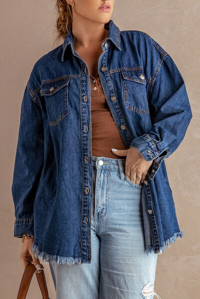 Button Up Pocketed Raw Hem Denim Jacket - Charming Charlie