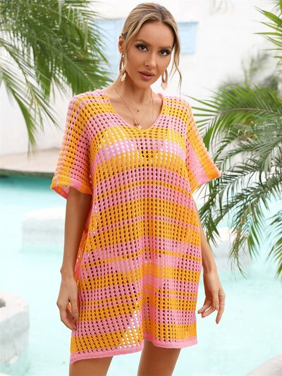 Tassel Openwork Striped V-Neck Cover Up - Charming Charlie