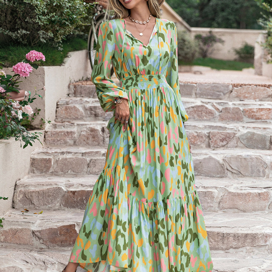 Printed Tie Neck Long Sleeve Maxi Dress - Gum Leaf / S Printed Tie Neck Long Sleeve Maxi Dress - Gum Leaf / S