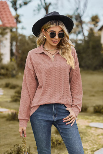 Collared Neck Cable-Knit Long Sleeve Blouse main image 0