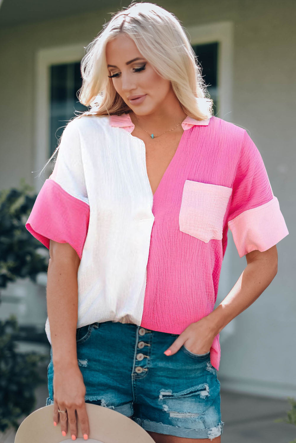 Color Block Textured Johnny Collar Blouse - Charming Charlie