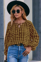 Plaid Tie Neck Balloon Sleeve Blouse - Charming Charlie