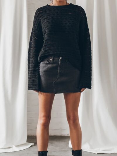 Openwork Round Neck Dropped Shoulder Knit Top - Charming Charlie