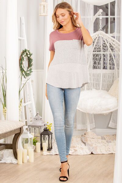 Heimish Color Block Striped Round Neck Short Sleeve T-Shirt - Charming Charlie