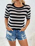 Openwork Striped Round Neck Short Sleeve Knit Top - Charming Charlie