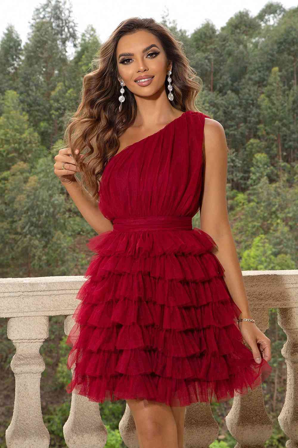 red one shoulder ruffle dress One-Shoulder Sleeveless / XS SHORT PROM DRESSES bust 35.9 in ASOS DESIGN faux leather Dress's Color:7#-Pink