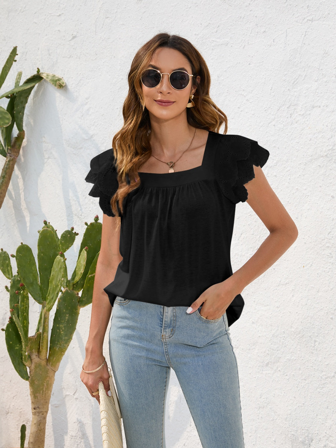 Ruffled Square Neck Cap Sleeve Blouse - Charming Charlie