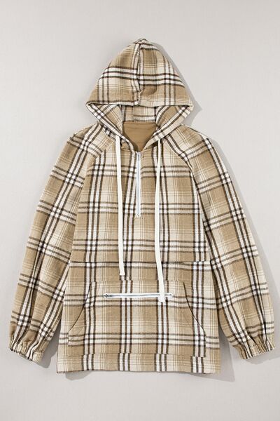 Drawstring Plaid Half Zip Raglan Sleeve Hoodie - Charming Charlie
