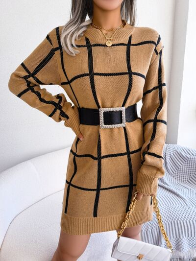 Plaid Round Neck Dropped Shoulder Sweater Dress - Charming Charlie