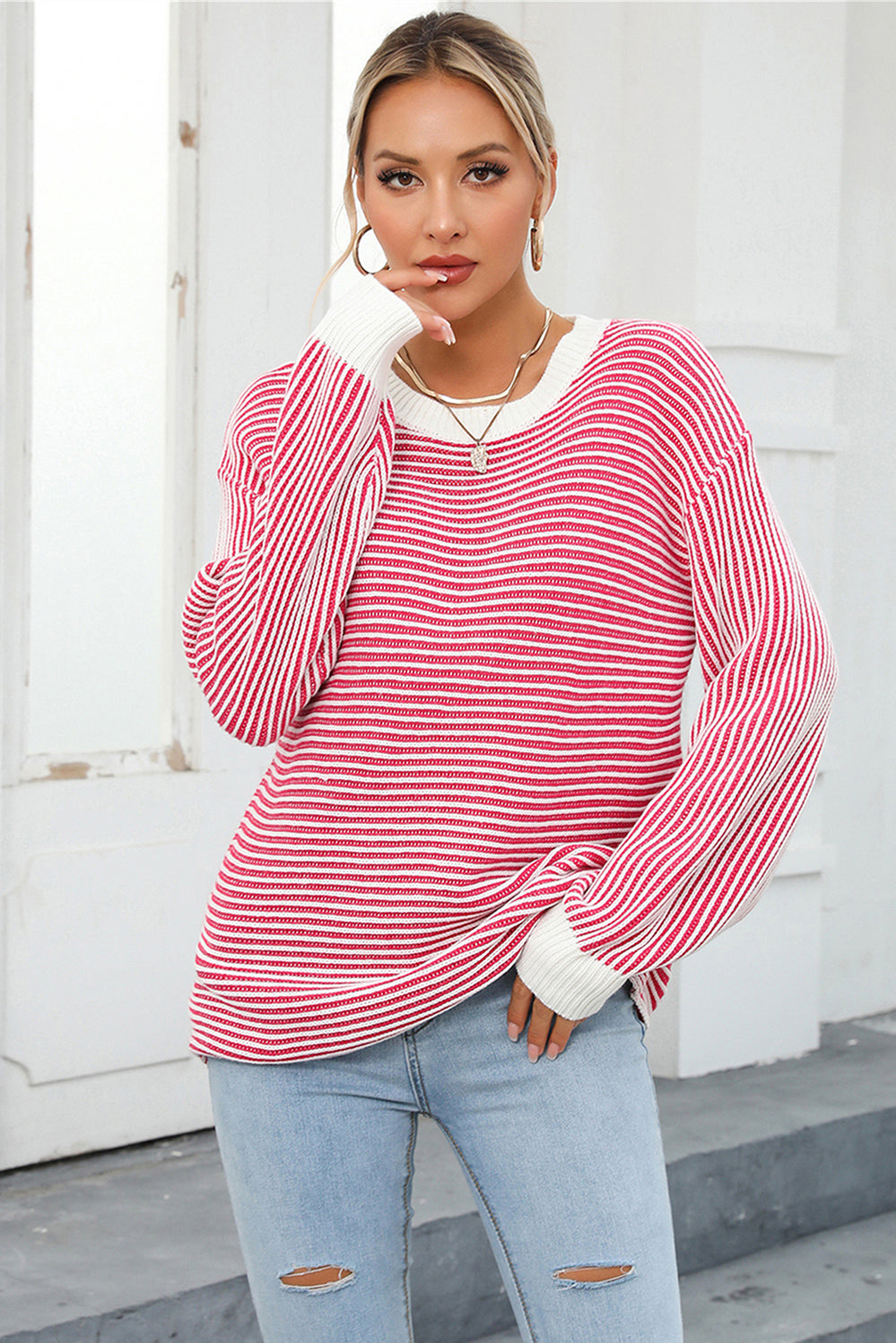 Striped Round Neck Long Sleeve Knit Top - Charming Charlie