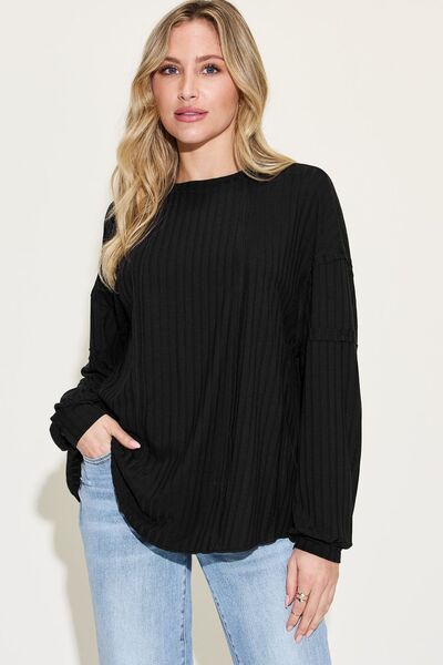 Basic Bae Full Size Ribbed Round Neck Long Sleeve T-Shirt - Charming Charlie