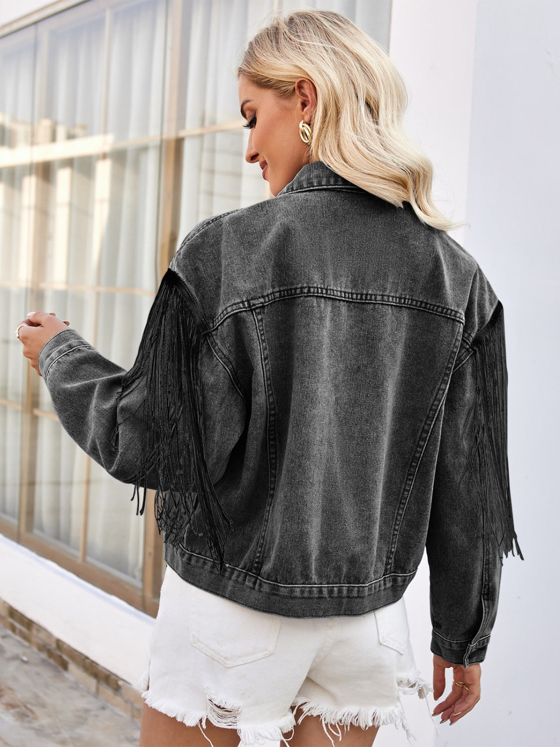Tassel Button Up Dropped Shoulder Denim Jacket - Charming Charlie