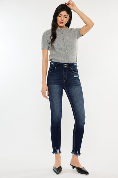 Kancan Full Size Cat's Whiskers Raw Hem High Waist Jeans - Charming Charlie