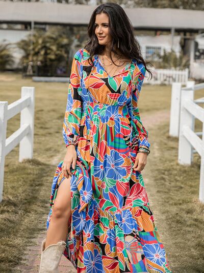 Printed Smocked Tie Neck Balloon Sleeve Maxi Dress Charming Charlie Printed Smocked Tie Neck Balloon Sleeve Maxi Dress Charming Charlie