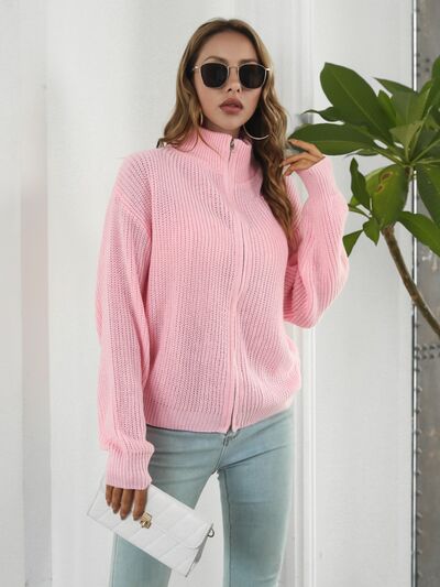 Turtleneck Zip Up Long Sleeve Knit Top - Charming Charlie