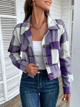 Plaid Button Up Drop Shoulder Cropped Jacket main image 0