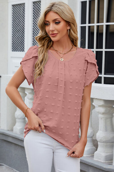 Swiss Dot Round Neck Short Sleeve T-Shirt - Charming Charlie