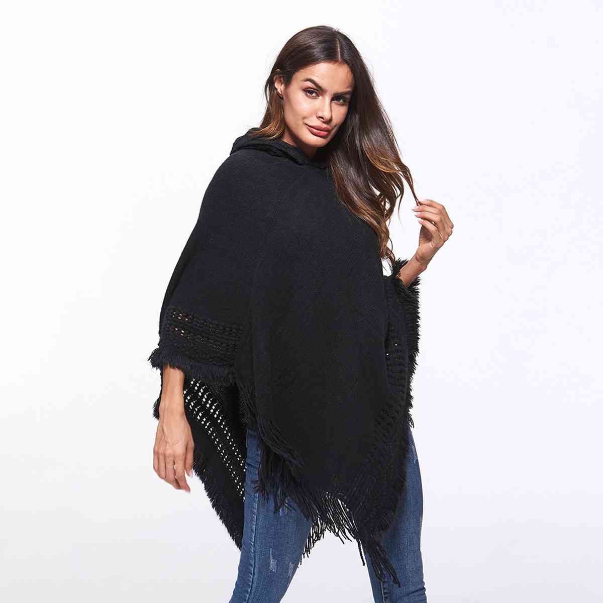 Openwork Fringe Hem Hooded Poncho – Charming Charlie