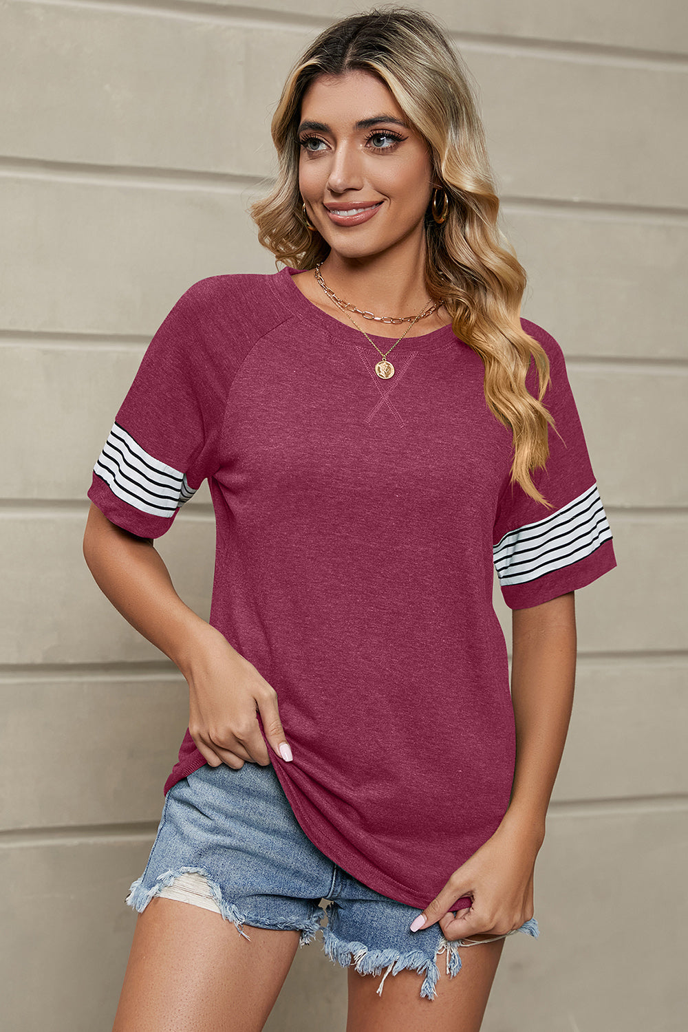Striped Round Neck Short Sleeve T-Shirt - Charming Charlie