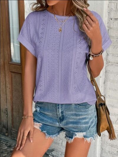 Eyelet Round Neck Short Sleeve T-Shirt - Charming Charlie
