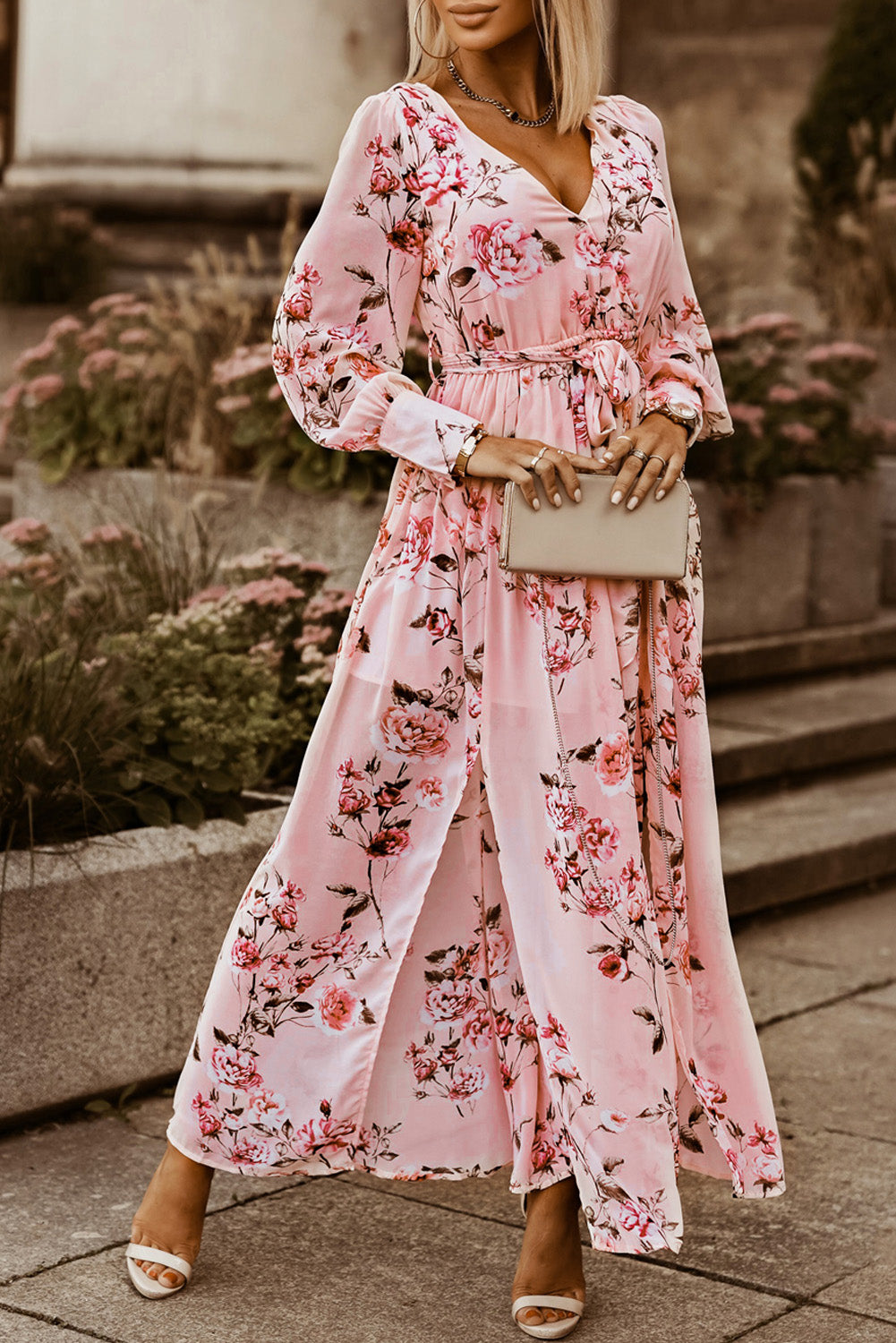 Floral Tie Belt Bishop Sleeve Slit Maxi Dress – Charming Charlie