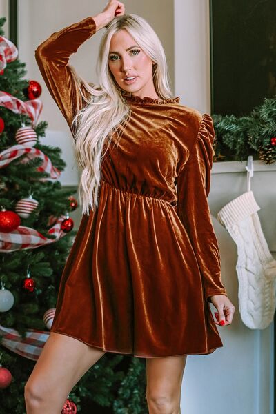 Frill Trim Long Sleeve Mini Dress Chestnut / M Frill Trim Long Sleeve Mini Dress Chestnut / M