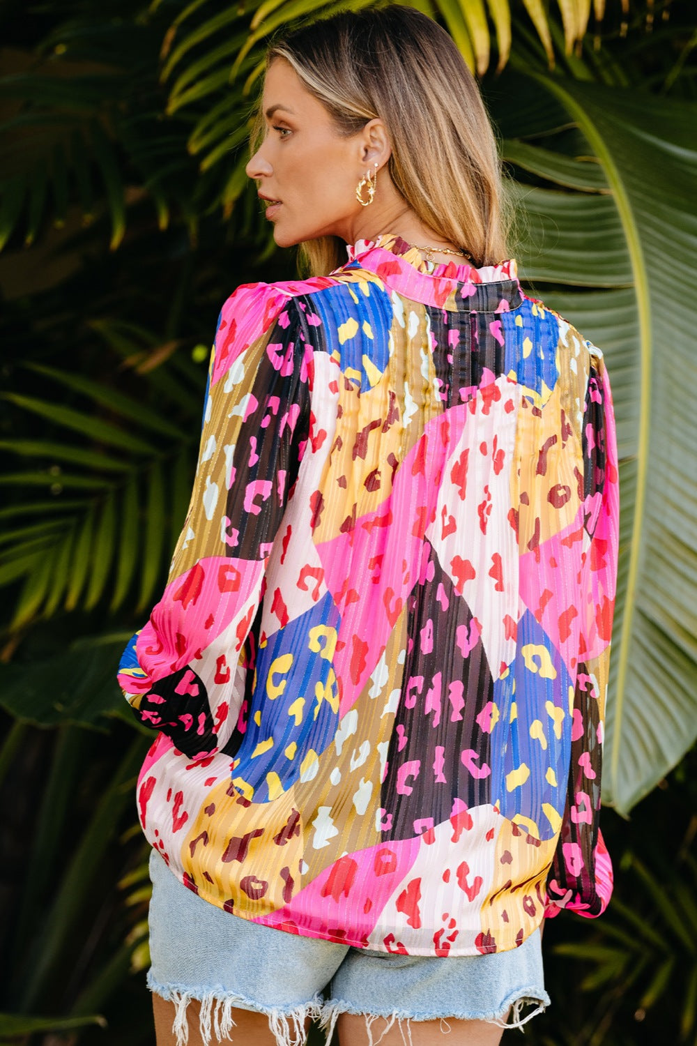Printed Notched Long Sleeve Blouse - Charming Charlie