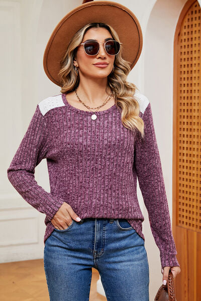 Eyelet Ribbed Round Neck Long Sleeve T-Shirt - Charming Charlie