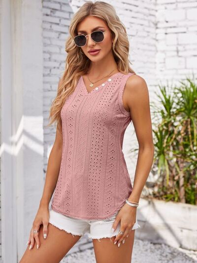 Eyelet Decorative Button V-Neck Tank - Charming Charlie